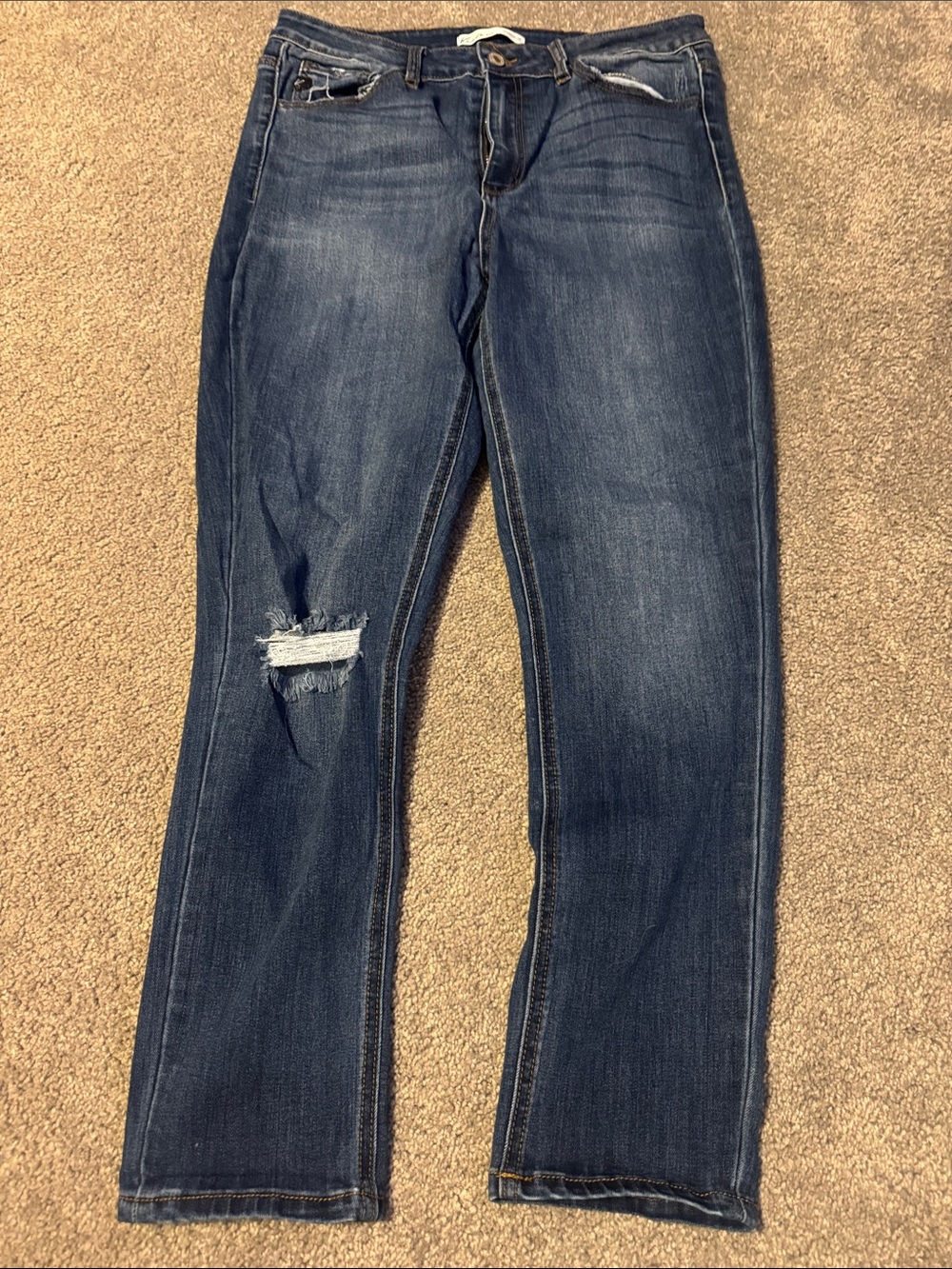 KanCan Dark Blue Straight Leg Jeans with Knee Distress